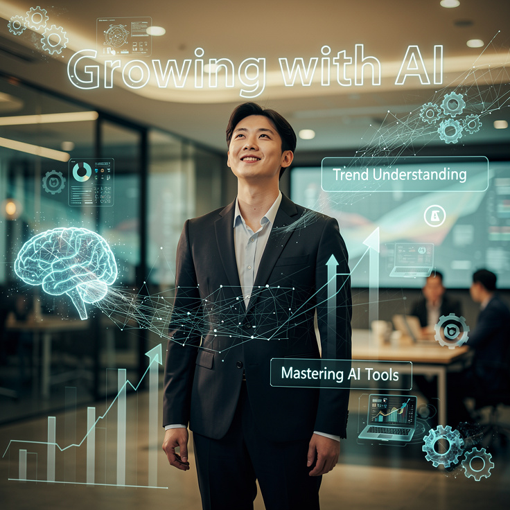 AI와 함께 성장하는 전문가가 되는 법을 상징하는 한국인 전문가의 자신감 있는 모습