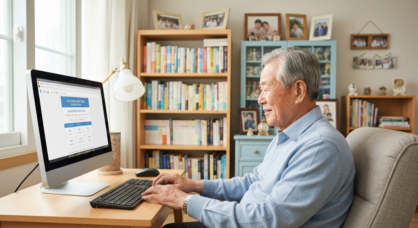 온라인으로 노인일자리 지원 정책을 신청하는 한국 어르신 모습