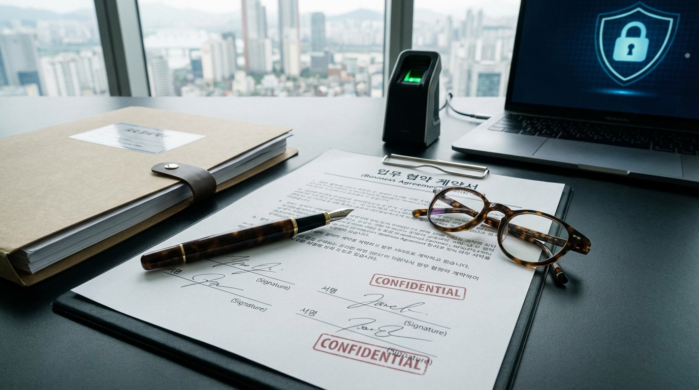 한국 비즈니스 환경에서 법적 안전장치를 강조하는 계약서와 서명 도구 이미지