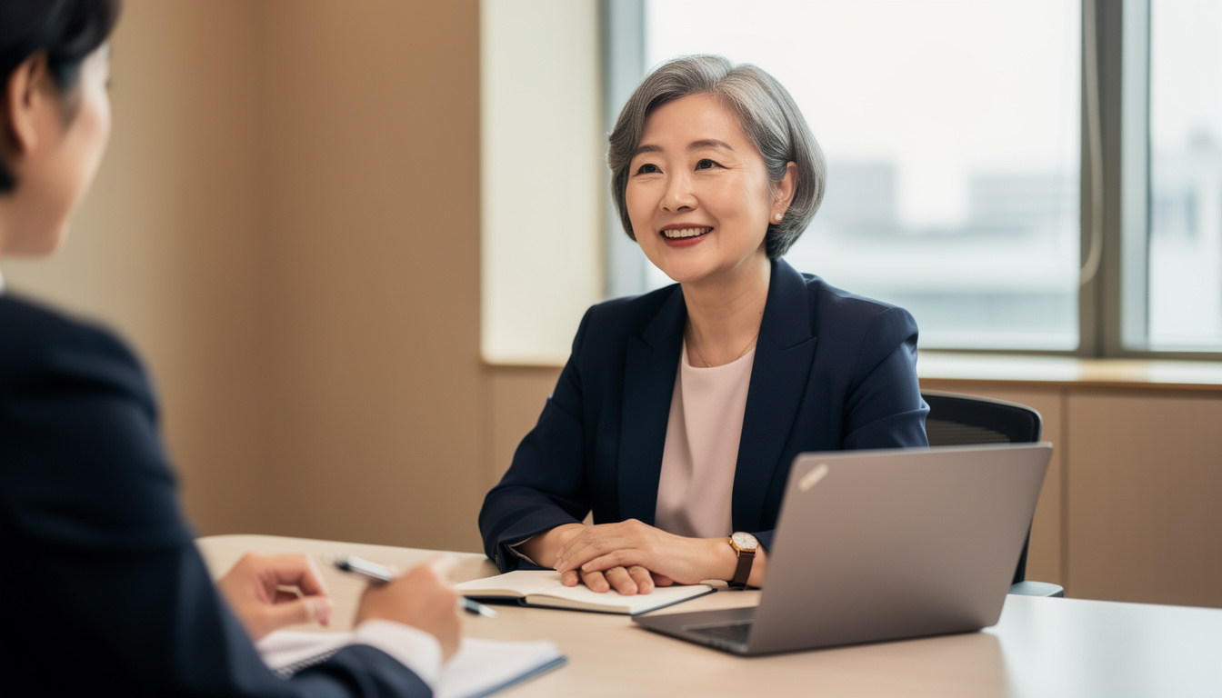 한국 시니어 여성이 자신감 있게 면접에 임하는 모습