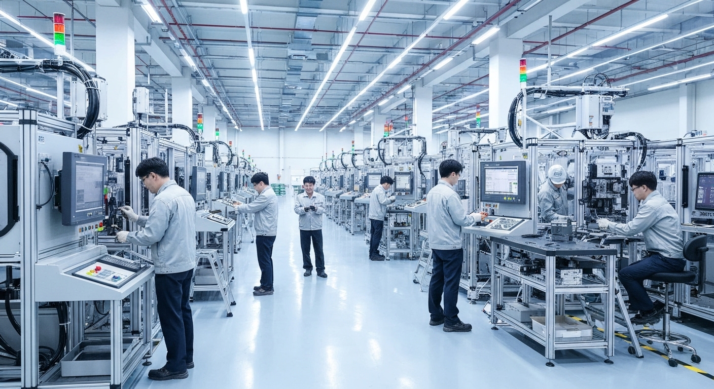 스마트팩토리 초기 투자 비용과 설치를 위해 작업 중인 한국 공장 엔지니어들