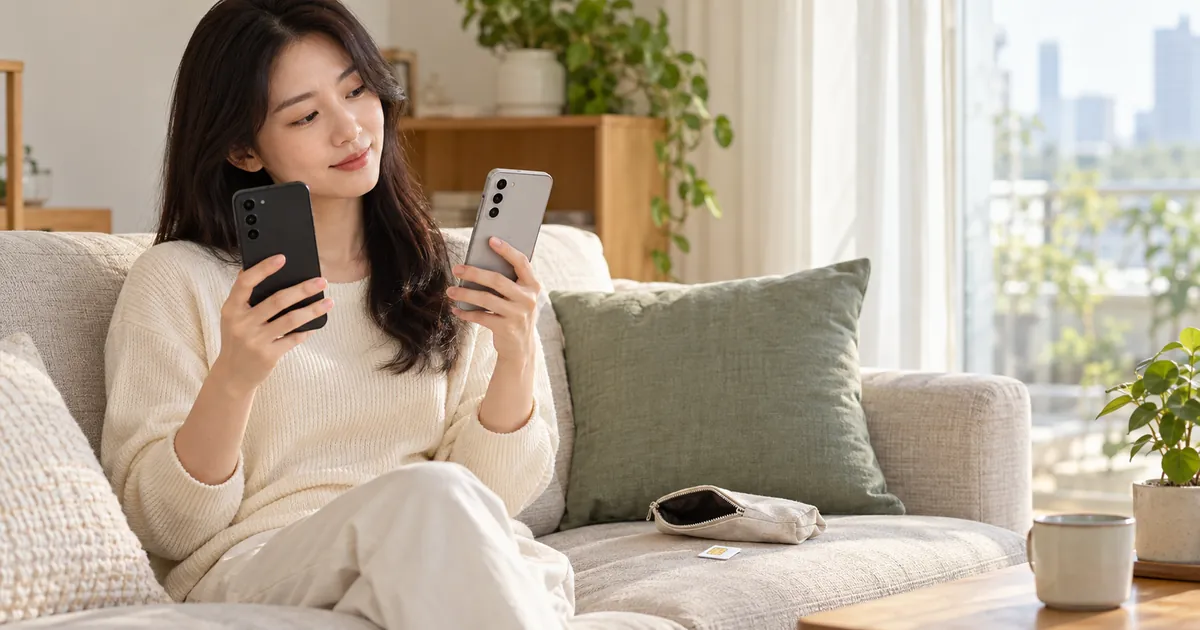 집에서 기존 휴대전화와 새 휴대전화를 비교하며 유심 재사용을 고민하는 모습