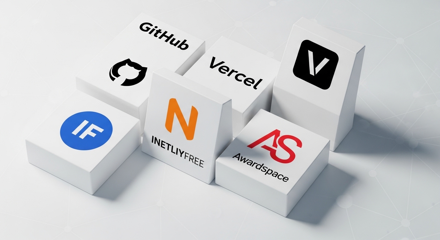 2025년 최고의 무료 웹호스팅 추천 TOP 5 서비스 로고(깃허브, 버셀, 넷리파이, 인피니티프리, 어워드스페이스)가 나란히 배열된 이미지.