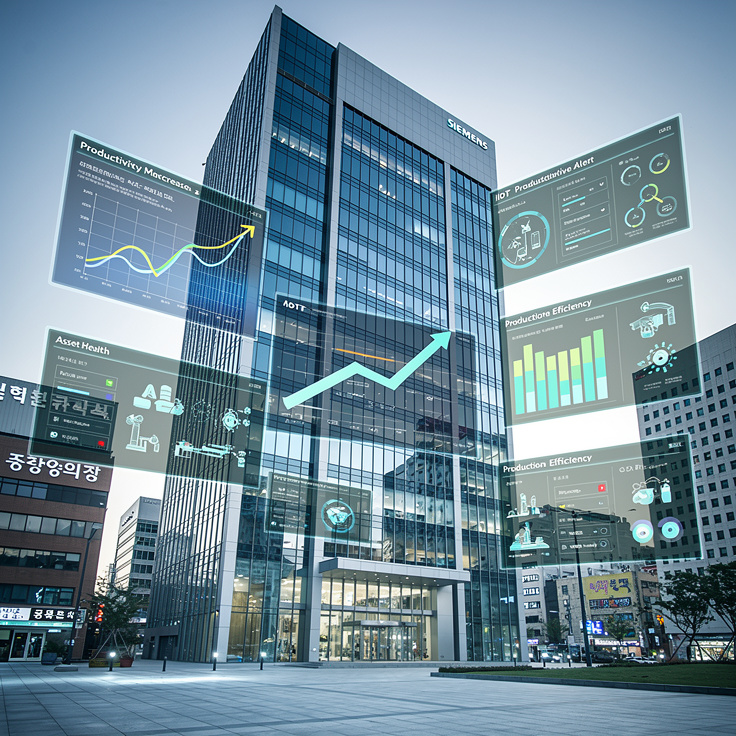 글로벌 성공 사례를 나타내는 IIoT 도입 효과와 예지 보전 알림 그래픽