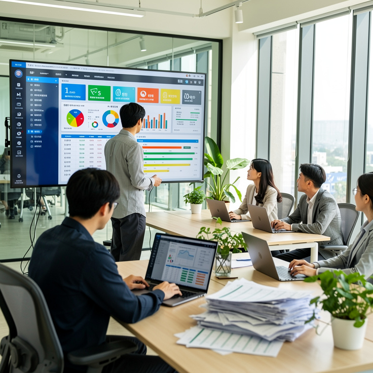 한국 스타트업 사무실에서 직원들이 협업하며 ERP 소프트웨어와 데이터 차트를 활용하는 모습