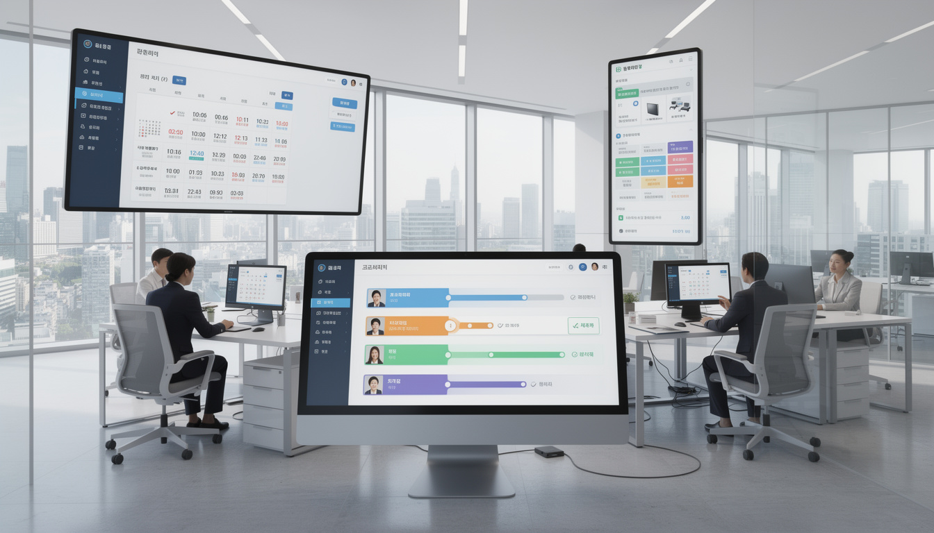 한국 기업의 그룹웨어 중앙 관리 시스템과 전자결재, 근태, 자원 관리 장면