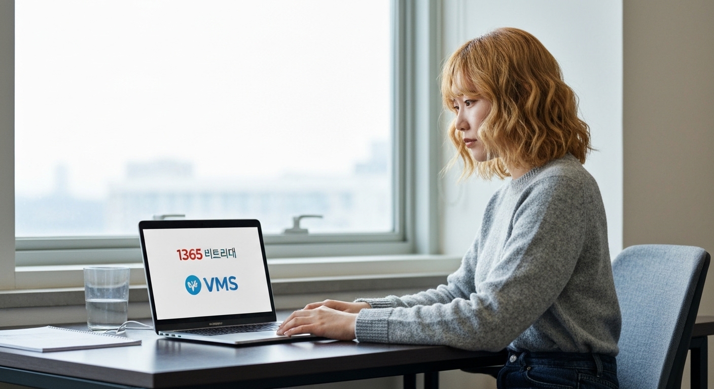 한 여대생이 책상에 앉아 1365와 VMS 로고가 보이는 노트북으로 봉사활동 정보를 찾고 있는 모습