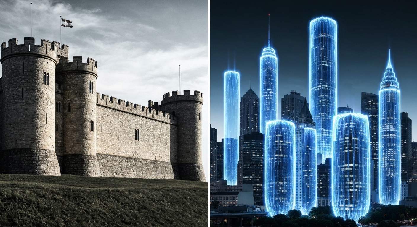 성벽으로 외부 침입만 막는 기존 보안과 모든 내부 요소를 개별적으로 통제하는 제로 트러스트 기반 IoT 보안을 비교하는 이미지