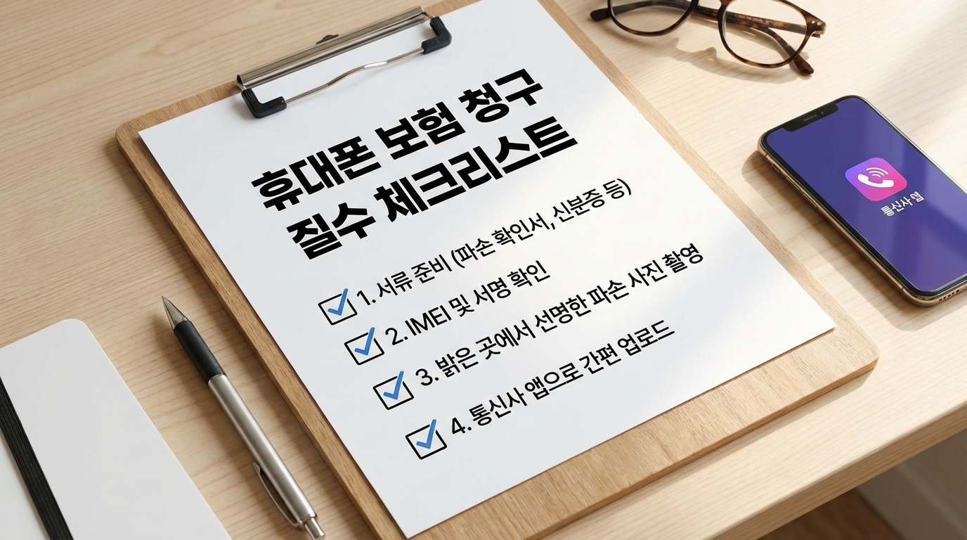 휴대폰 보험 청구 절차 4단계 핵심 체크리스트를 보여주는 클립보드