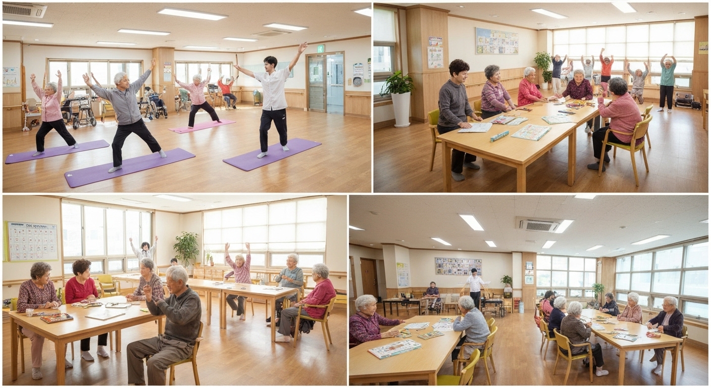 한국 주야간보호센터에서 어르신들이 재활 운동과 인지 프로그램에 참여하는 모습
