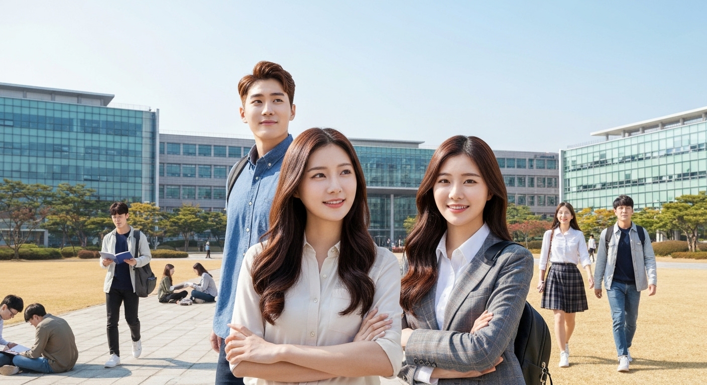 한국 대학 캠퍼스에서 희망차고 자신감 있는 학생들 모습