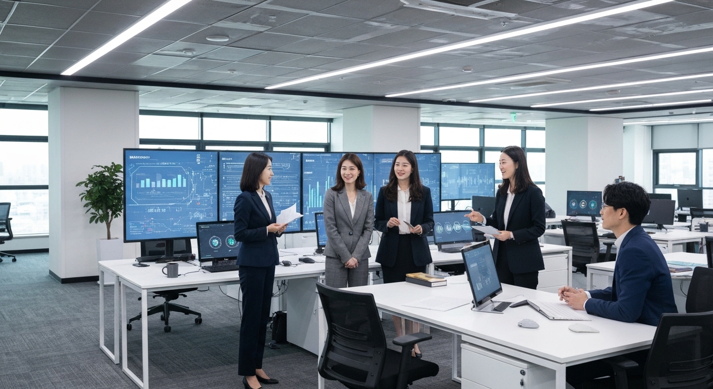 한국 기업 사무실에서 인공지능 기술과 LLM 도입 전략을 논의하는 비즈니스 전문가들
