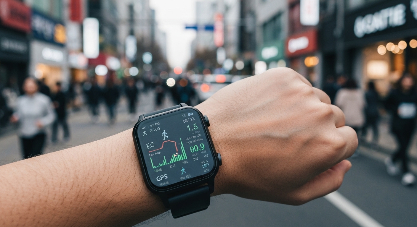 서울 도시 배경에서 스마트워치의 진보된 피트니스 기능 화면을 보여주는 모습