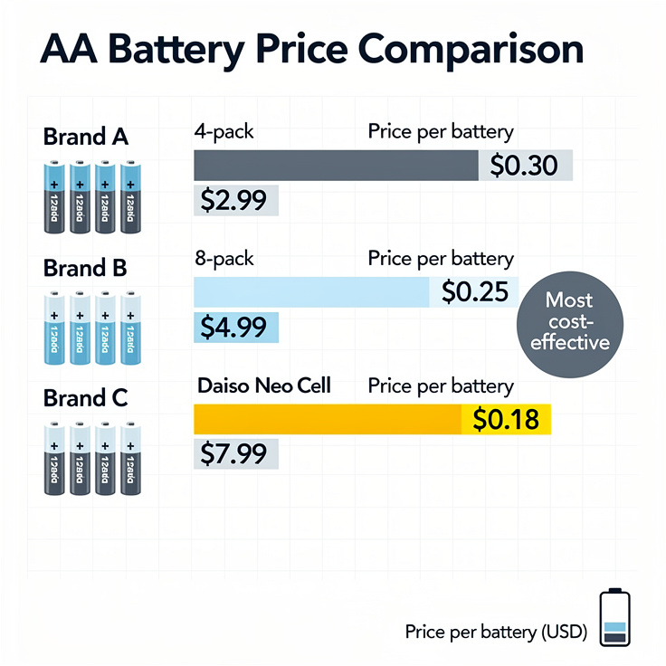 AA 건전지 가격과 패키지 용량별 비교 차트 인포그래픽