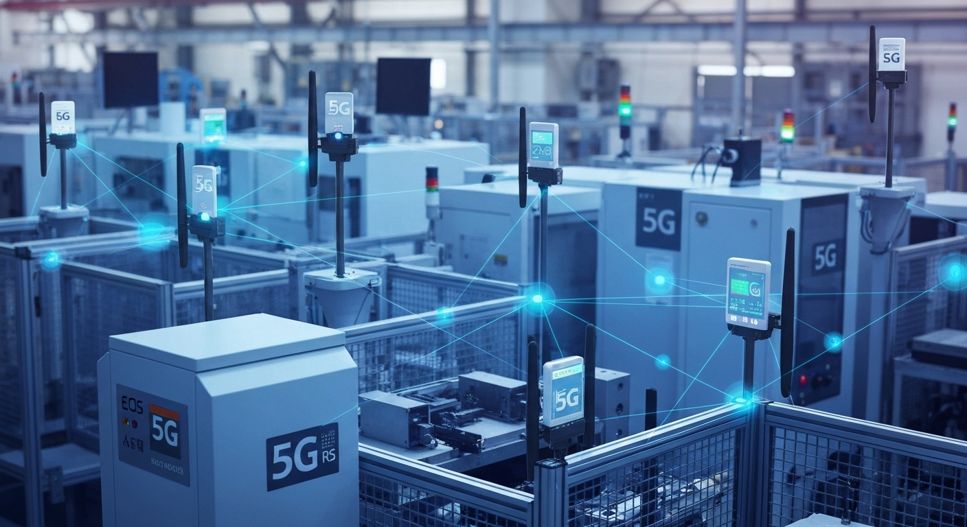 한국 공장 내 IoT 센서와 5G 안테나가 연결되어 있는 초연결성 기술 이미지