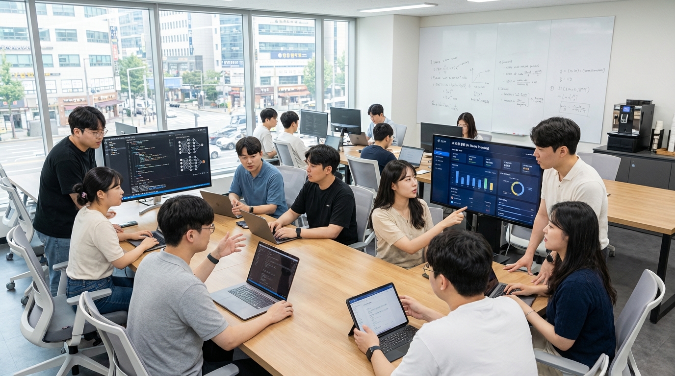 한국의 현대 사무실에서 AI 도구를 사용하며 협업하는 젊은 개발자들 모습