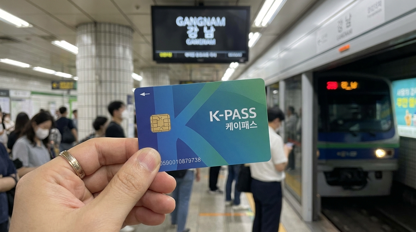 한국 도시 배경에서 손에 들린 새로 발급받은 K-패스 교통카드