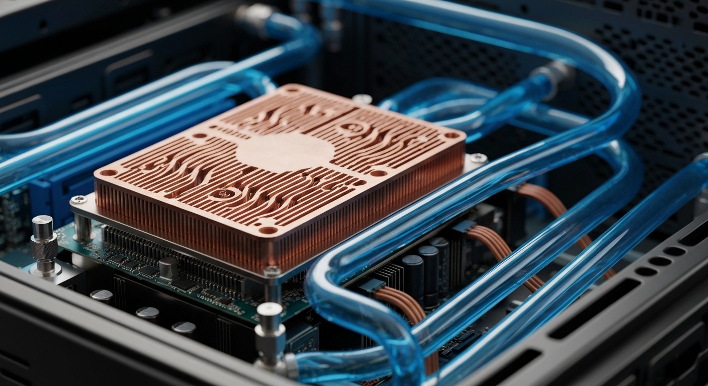 서버 GPU 칩에 직접 부착된 수냉식 쿨러의 정밀한 모습