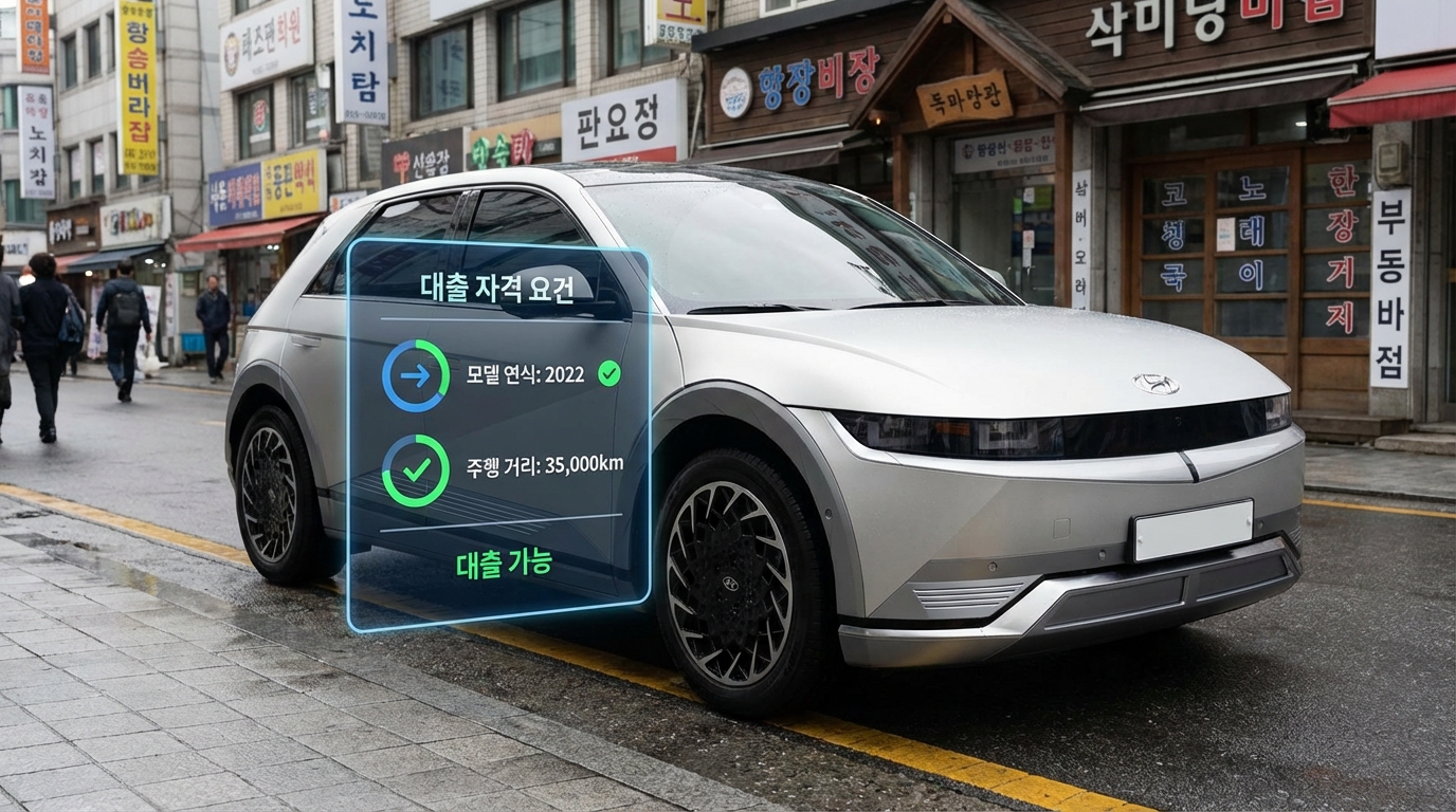 자동차 대출 승인 조건을 보여주는 주행거리와 출고연도를 강조한 자동차 사진