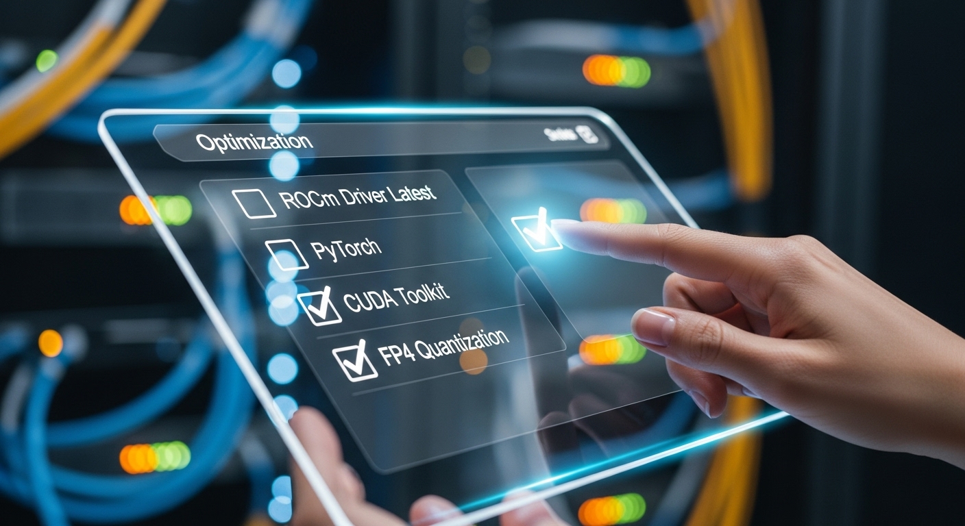 미래형 터치스크린에 표시된 최적화 체크리스트의 마지막 항목을 확인하는 손