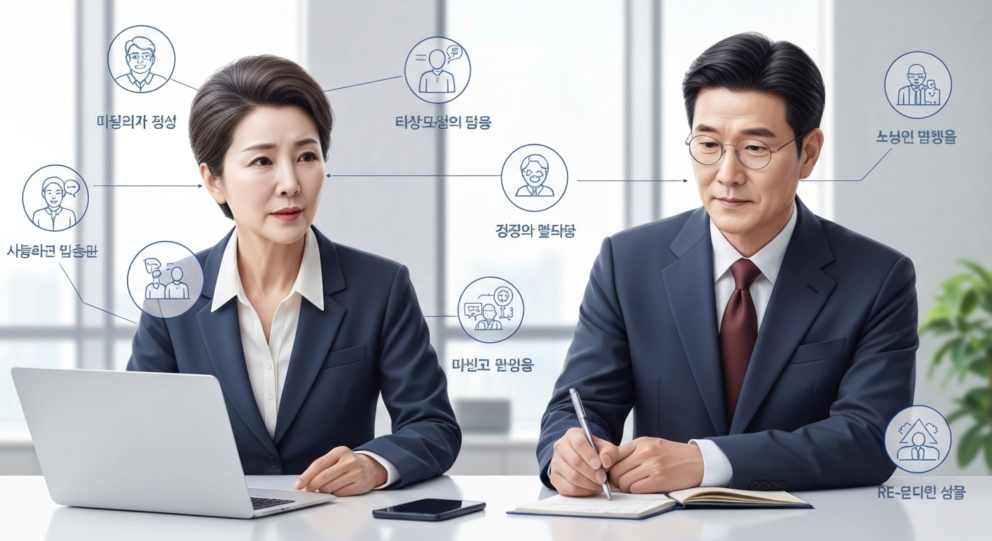 2025년 중장년 일자리 지원 정책을 상징하는 한국 중장년 전문 인력과 정책 아이콘 이미지