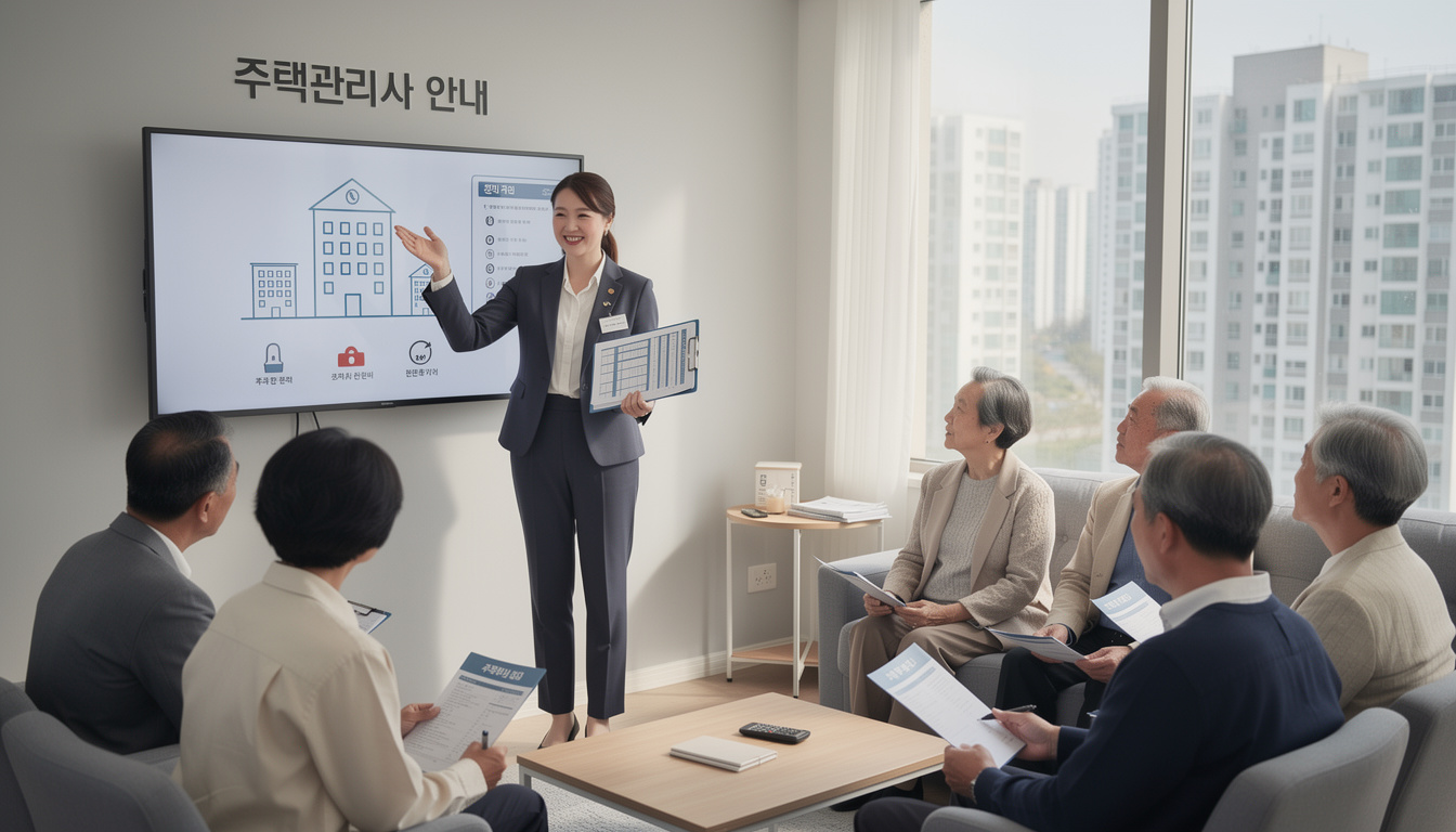 한국 아파트 주택관리사가 입주민에게 관리 절차를 설명하는 모습