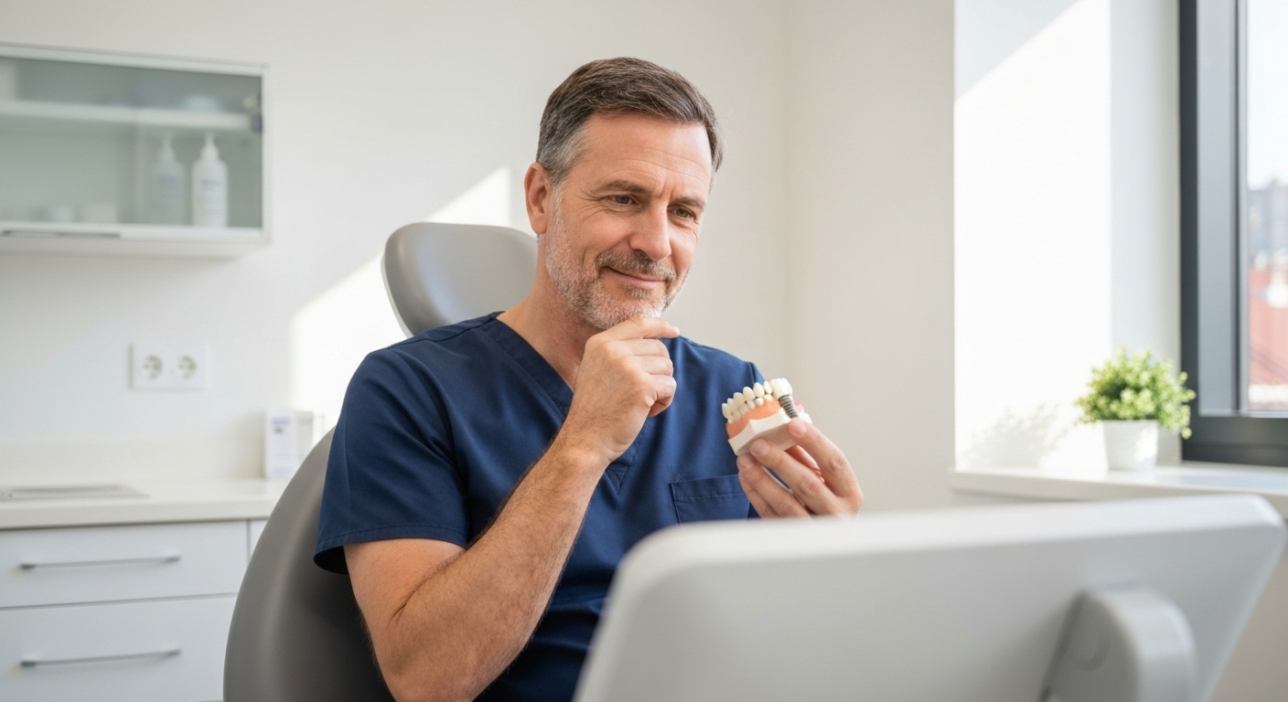 치과 진료실에서 임플란트 모형을 신중하게 살펴보고 있는 중년 남성