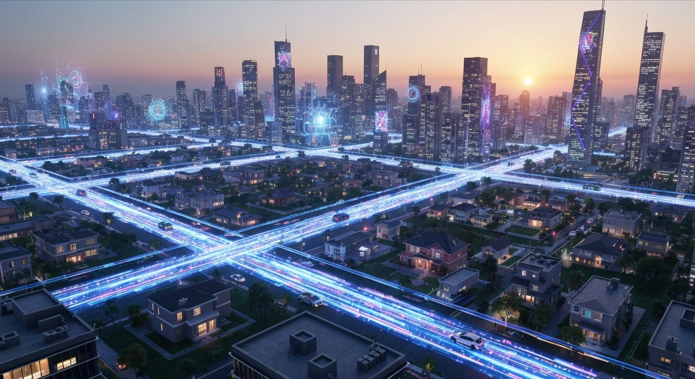 AI와 5G 기술로 연결된 미래 스마트 시티의 전경