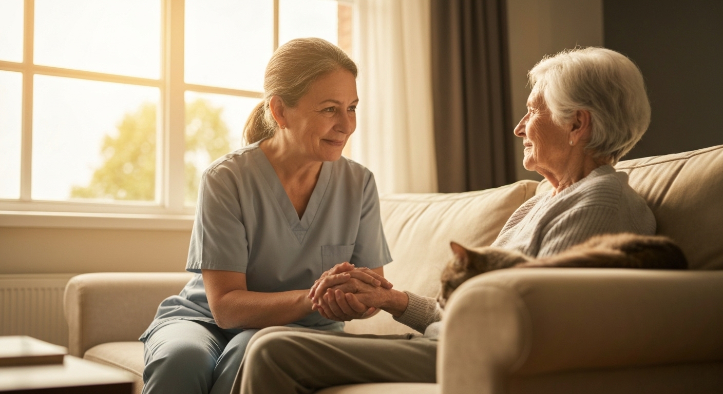따스한 햇살이 들어오는 창가 소파에 앉아 치매 노인과 보호자가 서로의 손을 잡고 있는 모습