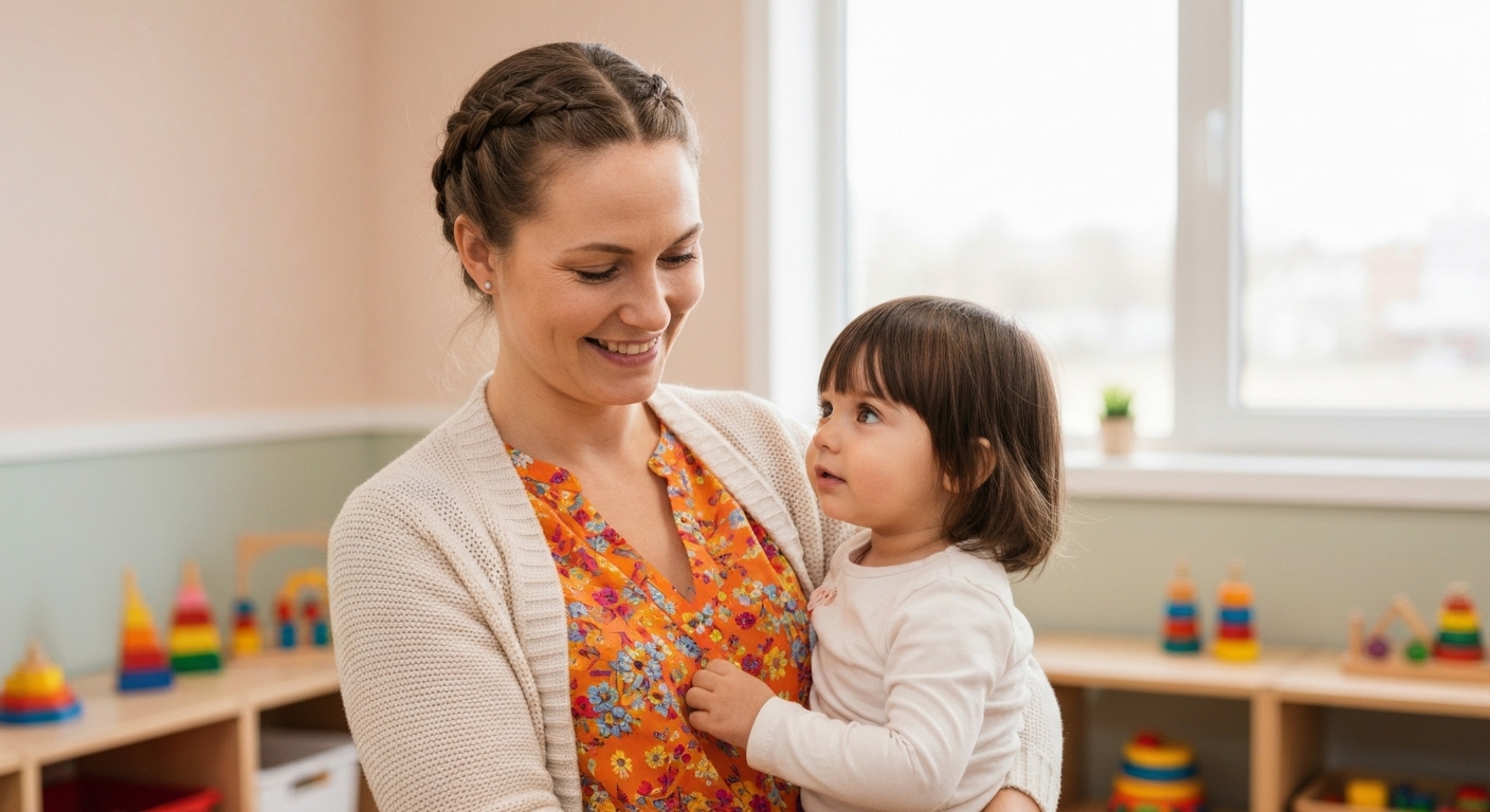 따뜻한 햇살이 비치는 교실에서 아이와 눈을 맞추고 있는 보육교사