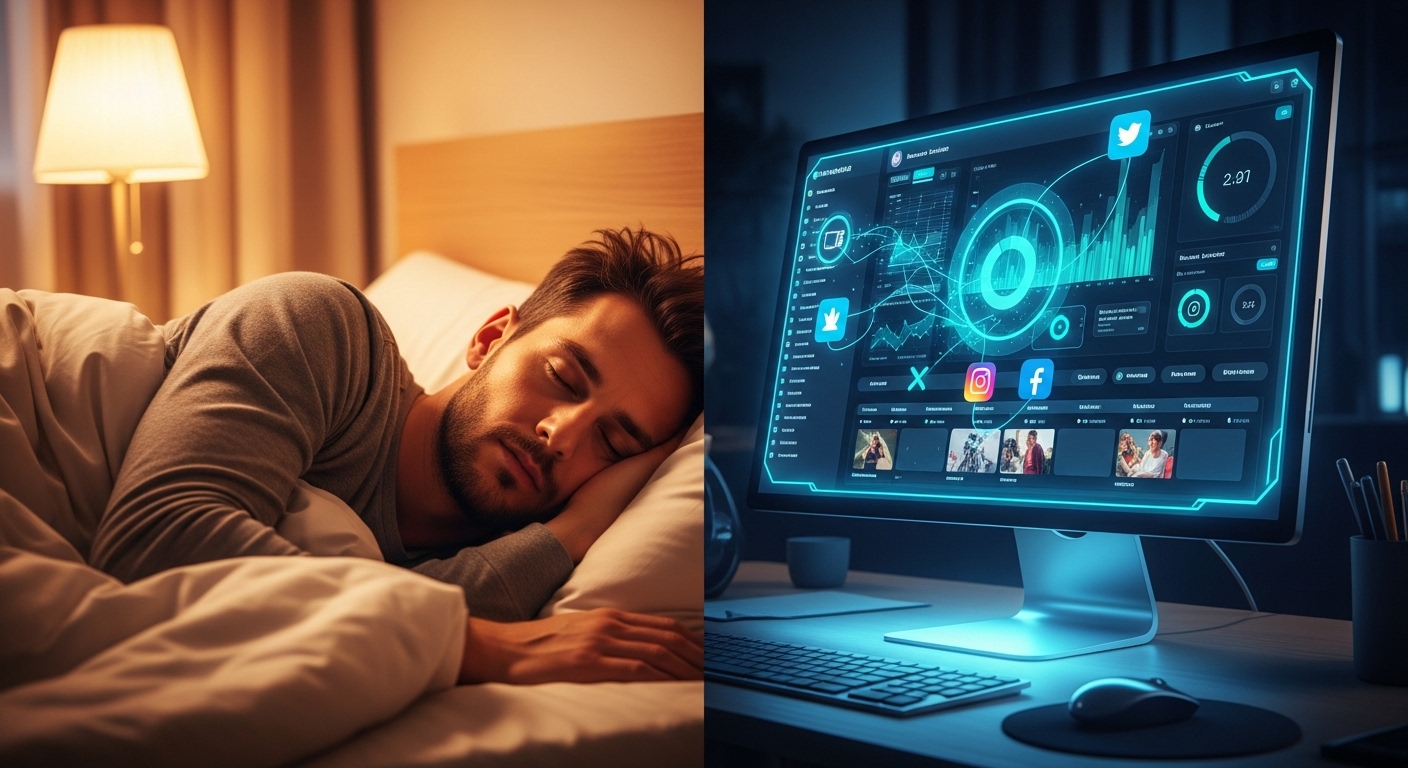 사업주가 잠자는 동안에도 SNS 마케팅이 자동으로 이루어지는 것을 보여주는 이미지