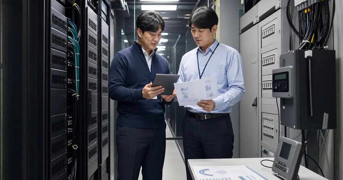 AI 서버 구축 비용 검토를 위한 데이터센터 GPU 서버와 예산 회의 장면