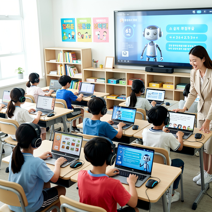 한국에서 현대 교실에서 아이들이 컴퓨터와 AI 교육 도구를 사용해 AI 리터러시 활동에 참여하는 모습