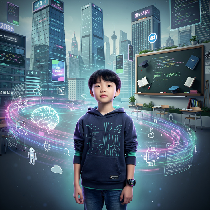 코딩이 미래를 여는 새로운 언어임을 상징하는 한국 아이와 디지털 미래