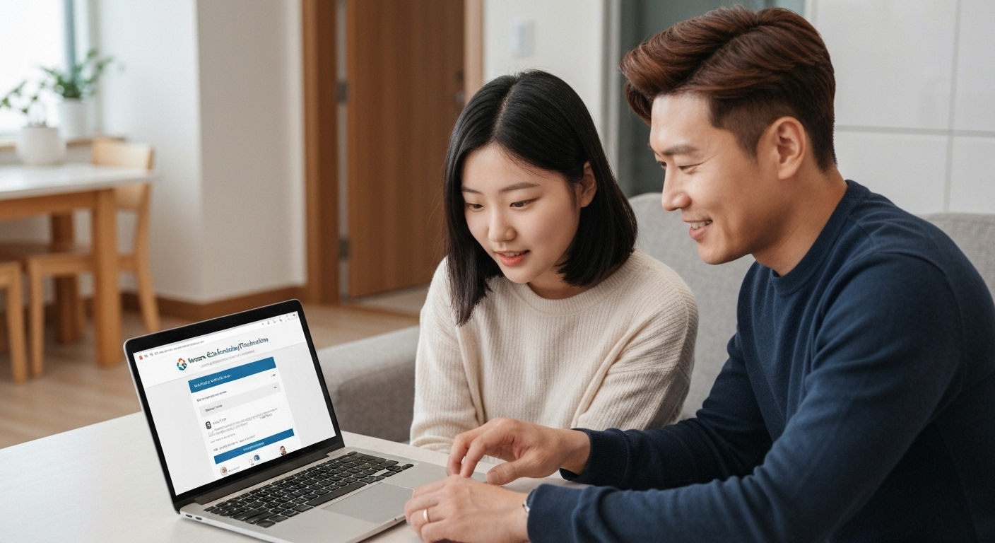 한국 가정에서 학생과 부모가 함께 한국장학재단 온라인 신청 및 가구원 동의 절차를 진행하는 모습