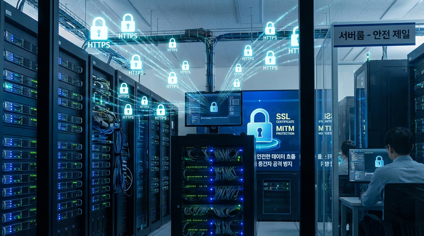 HTTPS와 SSL 인증서로 암호화된 데이터 전송을 보여주는 이미지