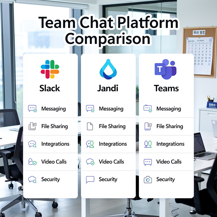 슬랙, 잔디, 팀즈의 주요 기능 비교 인포그래픽