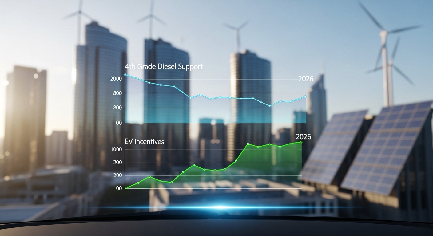2026년 조기폐차 정책 전망을 보여주는 미래지향적 그래프 이미지. 내연기관차 지원은 줄고 친환경차 혜택은 늘어남을 시사.