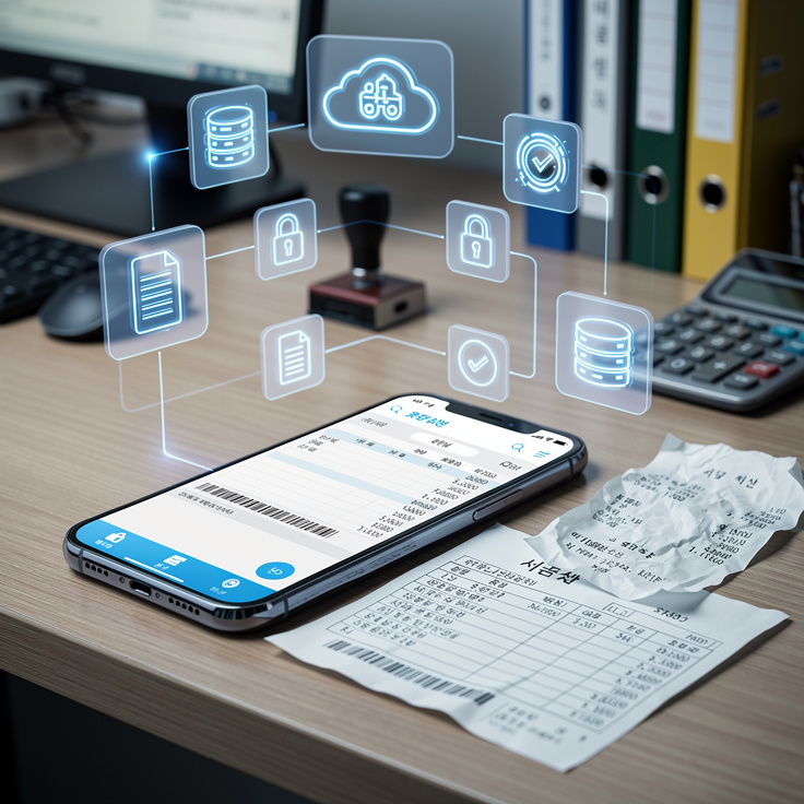 모바일 매출 장부 어플이 영수증과 세금계산서를 사진 촬영하여 디지털로 저장하는 모습
