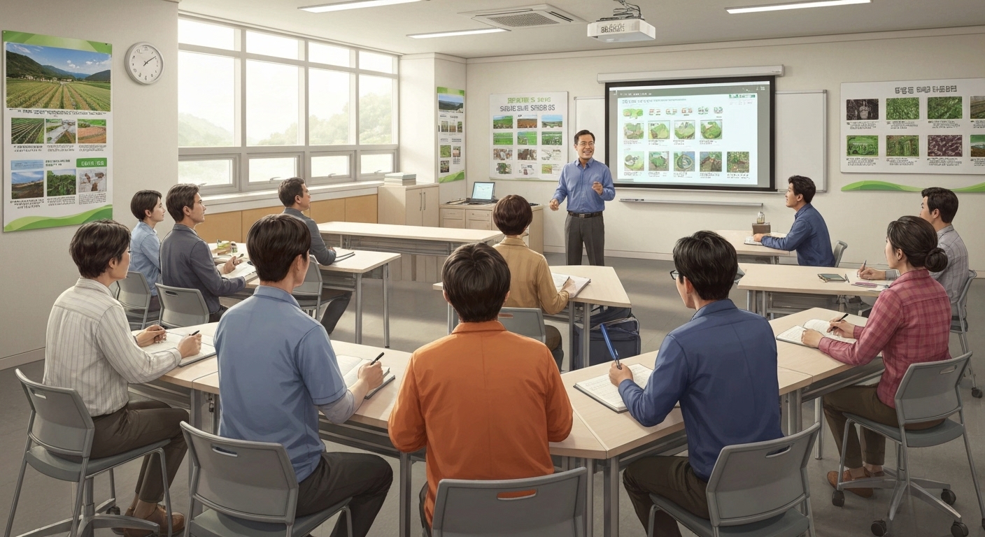 농업 교육 센터에서 귀농 교육을 받는 다양한 한국 성인 수강생들