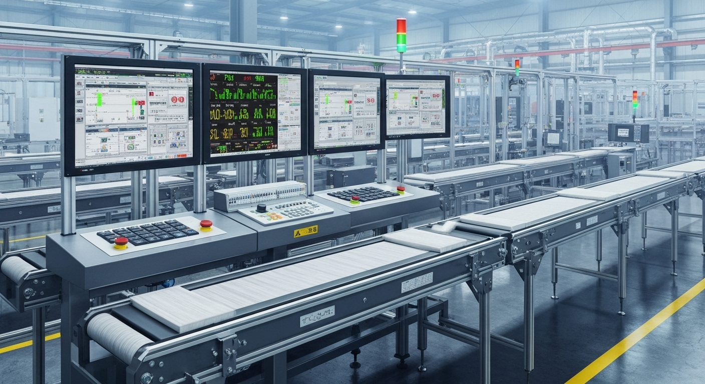 현대 제조 공장의 제어실과 작동 중인 PLC 모습