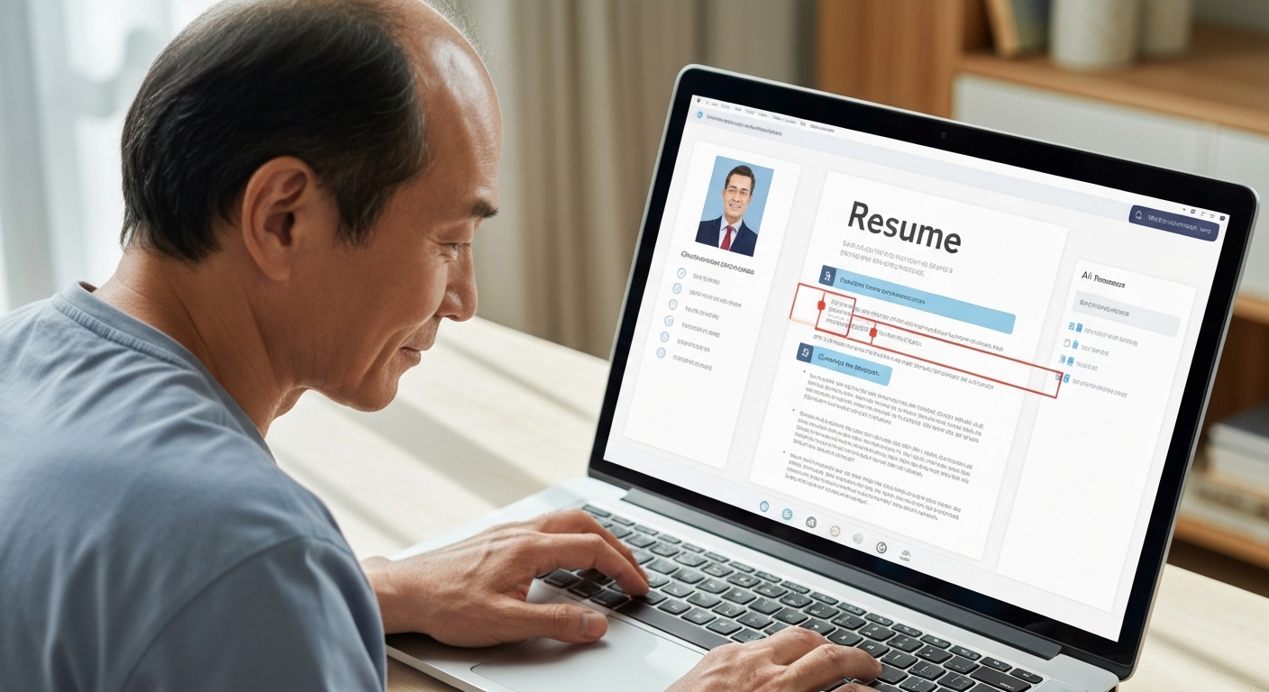 AI가 이력서를 코칭하는 모습을 보여주는 중장년의 컴퓨터 작업 장면