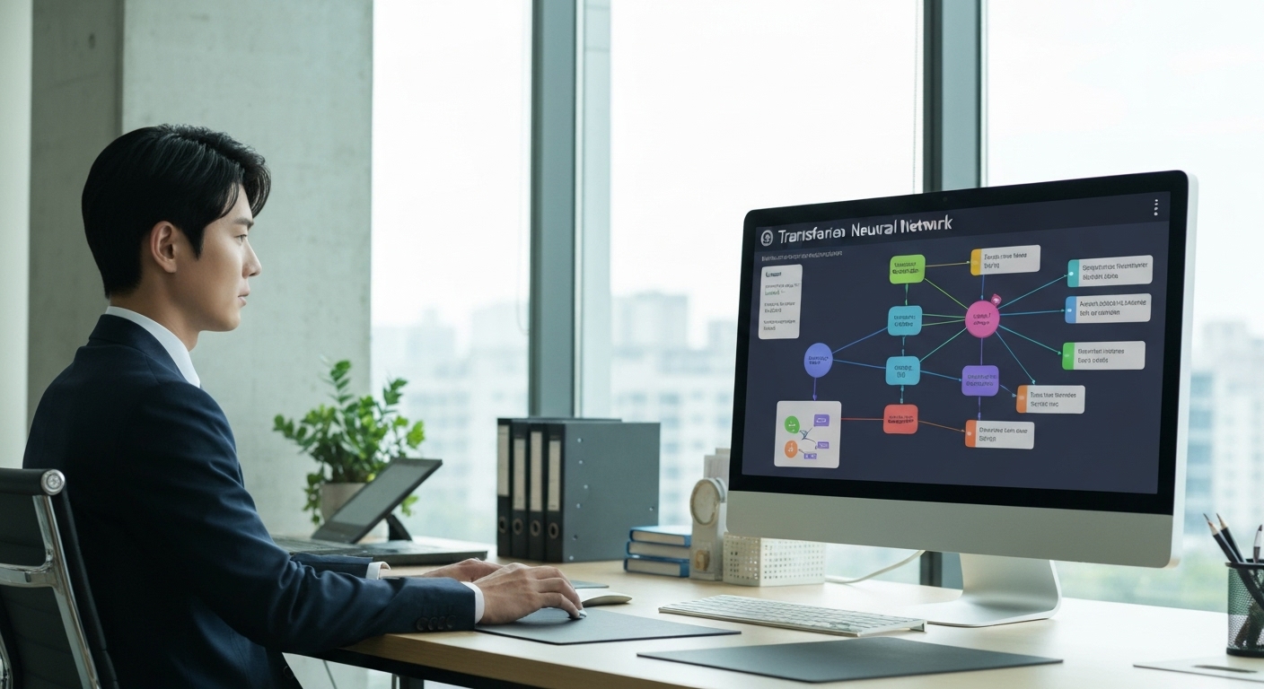 트랜스포머 신경망과 어텐션 메커니즘을 설명하는 컴퓨터 화면