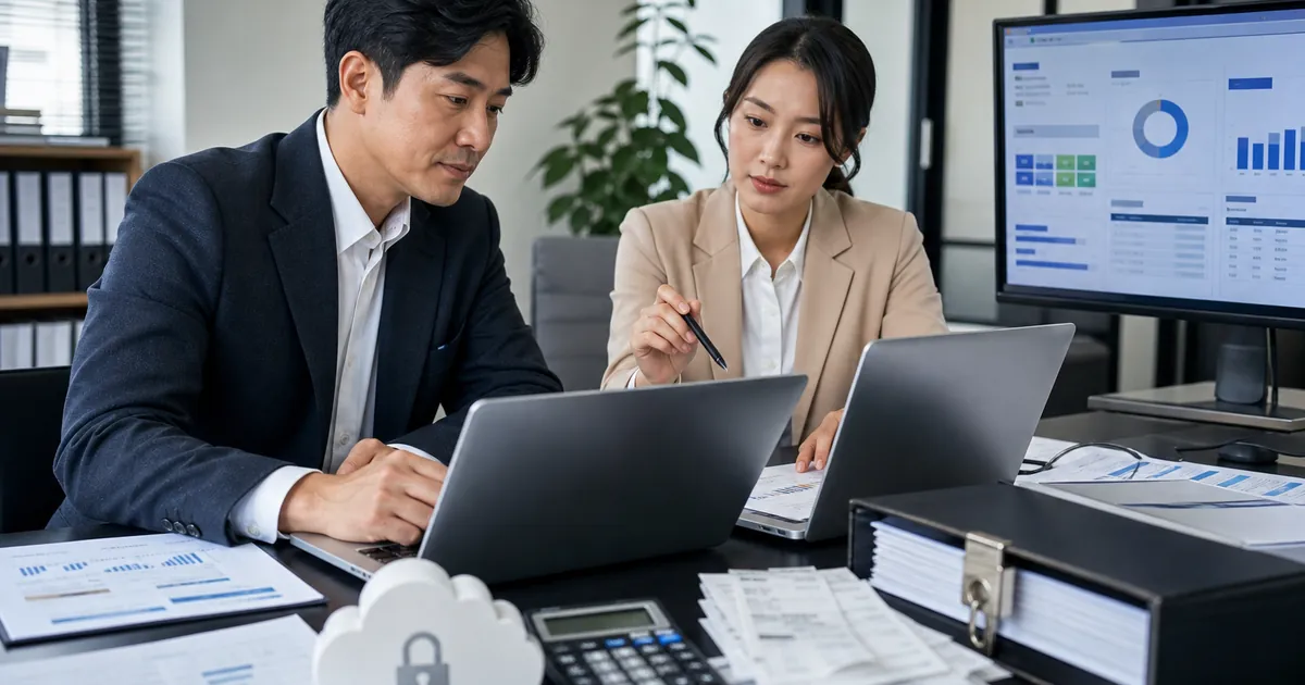 세무회계프로그램 비용 산정 회의와 보안 장부 검토 장면