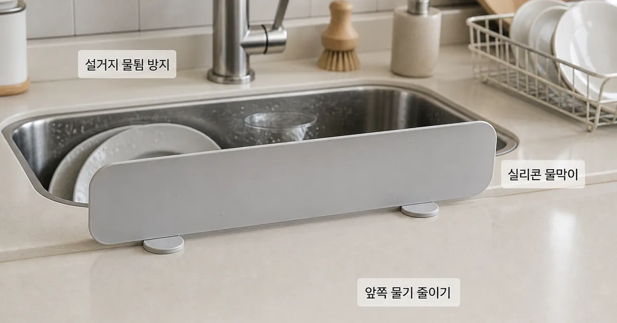 설거지할 때 싱크대 앞쪽 물튀김을 줄이는 실리콘 물막이 사용 장면 예시