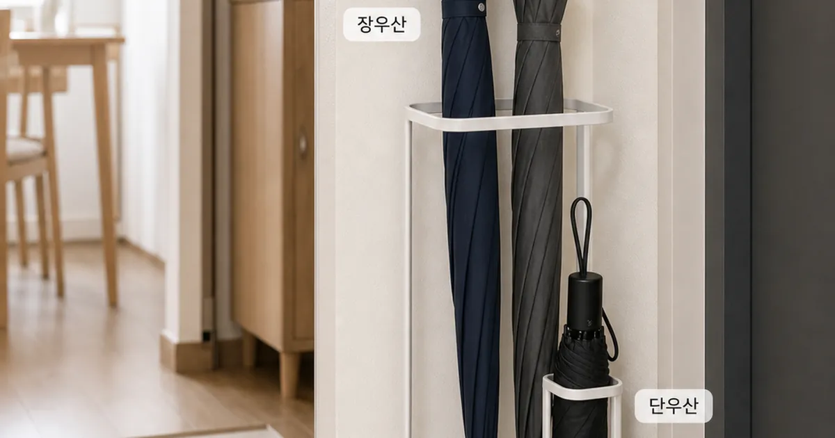 현관에서 장우산과 단우산을 물받이 우산꽂이에 정리한 사용 장면 예시