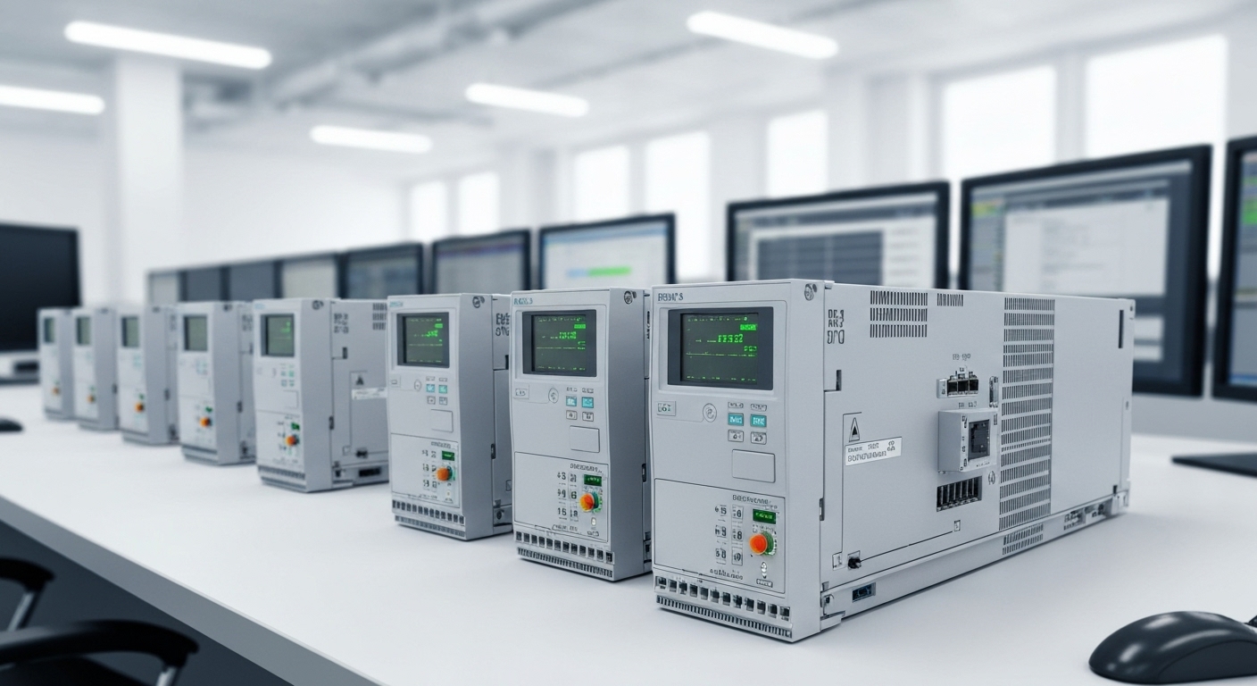 모듈형과 일체형 PLC 유닛들이 제어실 책상 위에 놓여있는 모습