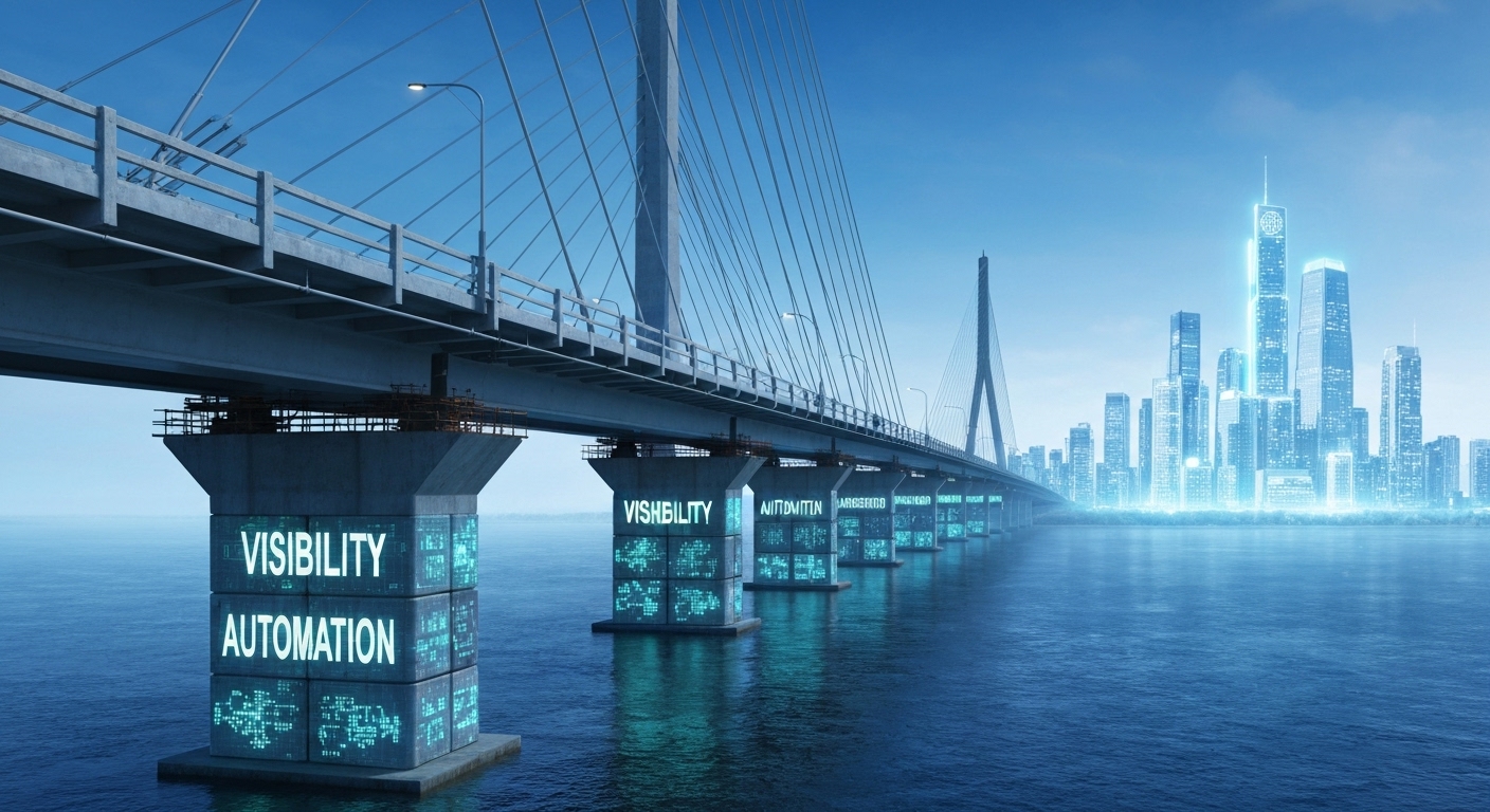 '디지털 전환'이라는 이름의 현대적인 다리를 떠받치는 'IoT 보안 플랫폼'이라는 튼튼한 초석을 시각적으로 표현한 이미지