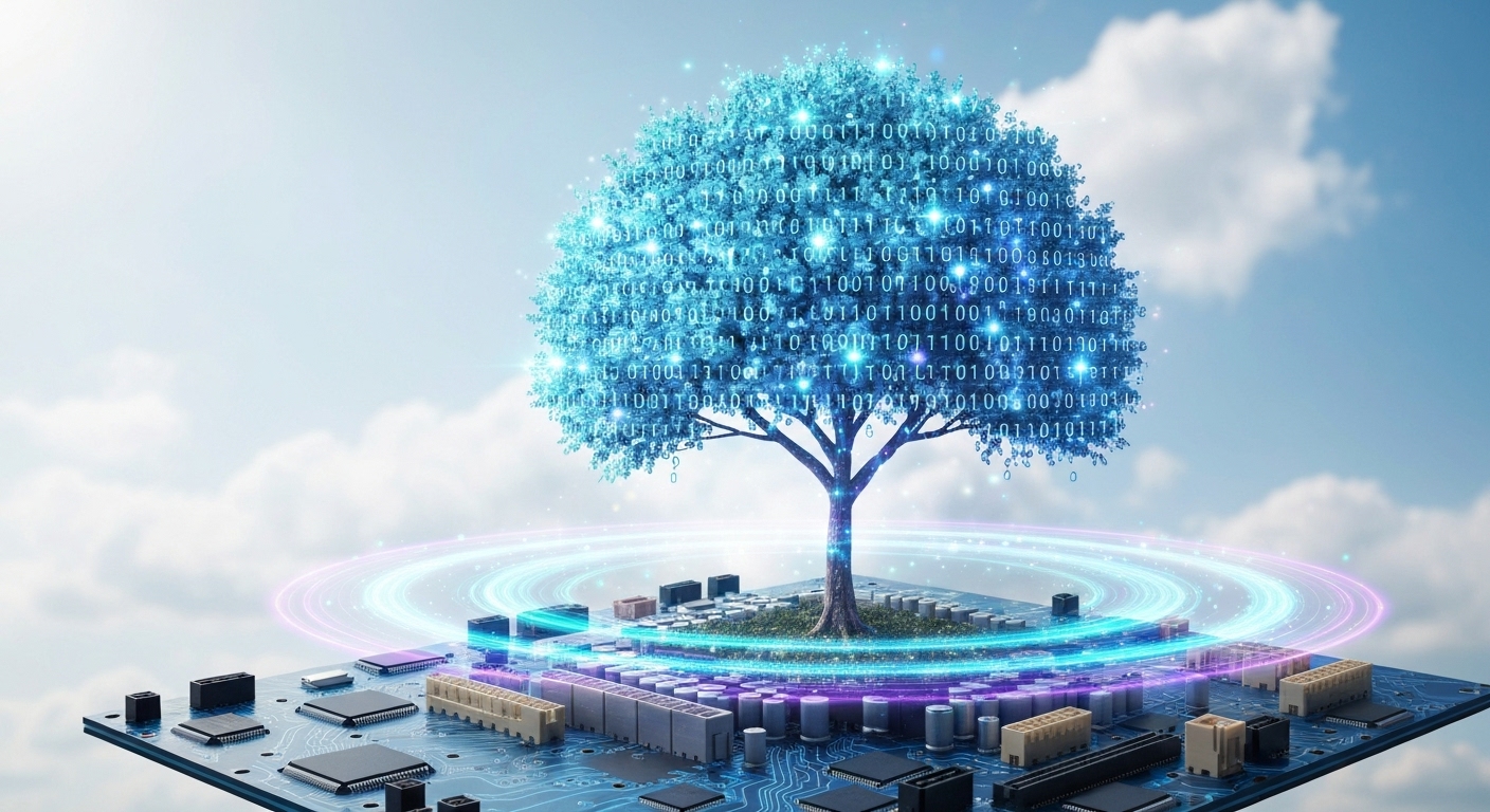 디지털 코드 잎사귀를 가진 나무를 보호막이 감싸고 있는, 정보보안 투자의 중요성을 상징하는 이미지