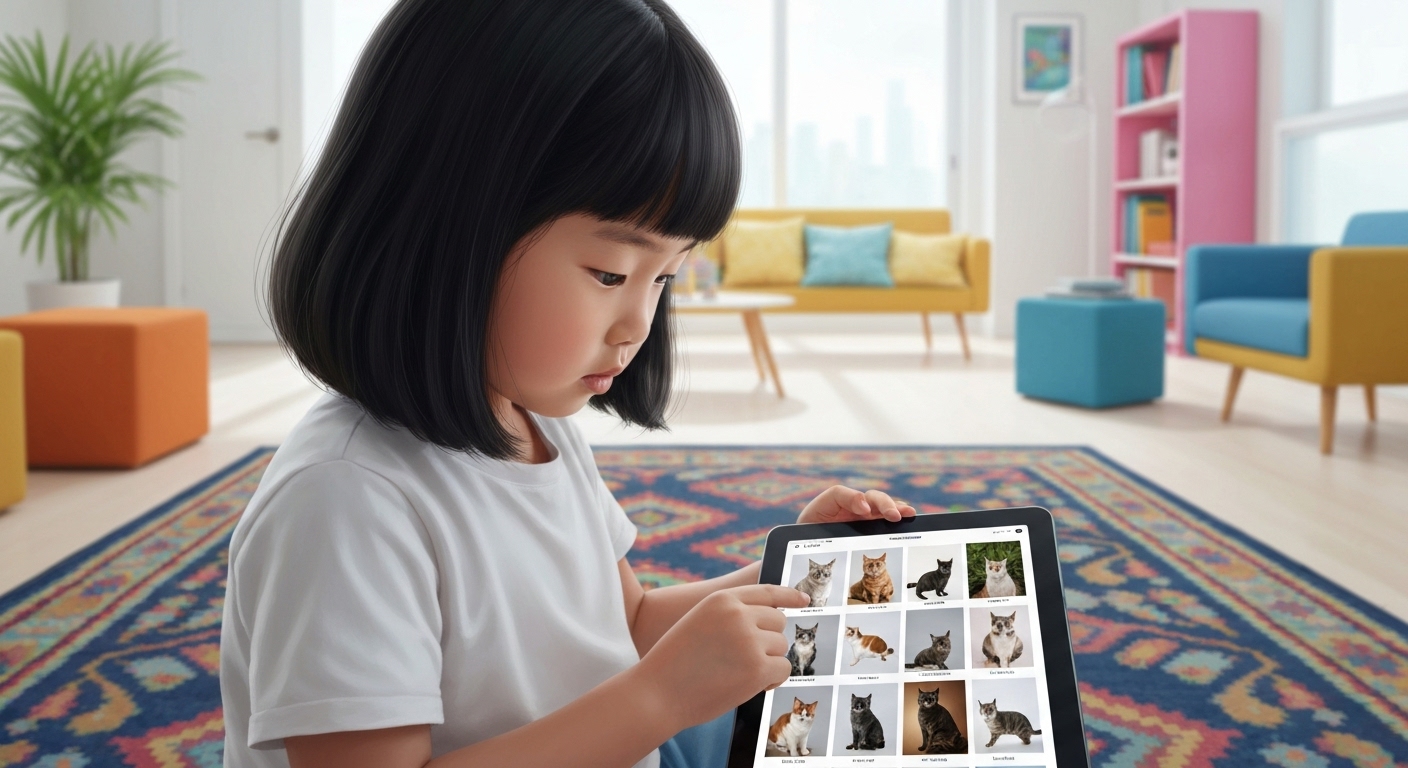 머신러닝 개념을 아이가 고양이 사진을 보며 배우는 모습